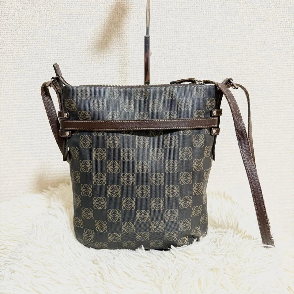 LOEWE Anagram Pattern Mini Pouch Shoulder Bag PVC Brown Old Authentic - Image 4 of 4