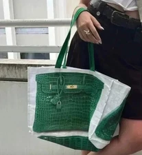 Reusable Designer Inspired Grocery Tote with Green Croc Bag Print MSRP $89 NEW