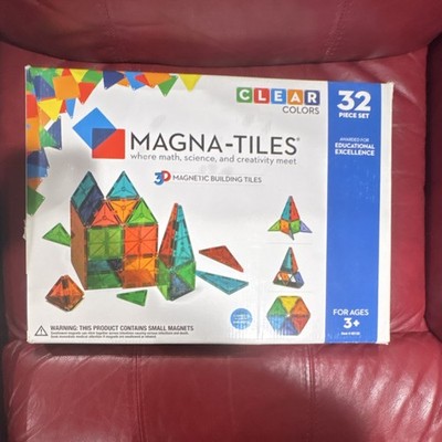 Magna-Tiles Clear Colors 32 Piece Magnetic Building Set Ages 3+ Plastic Box
