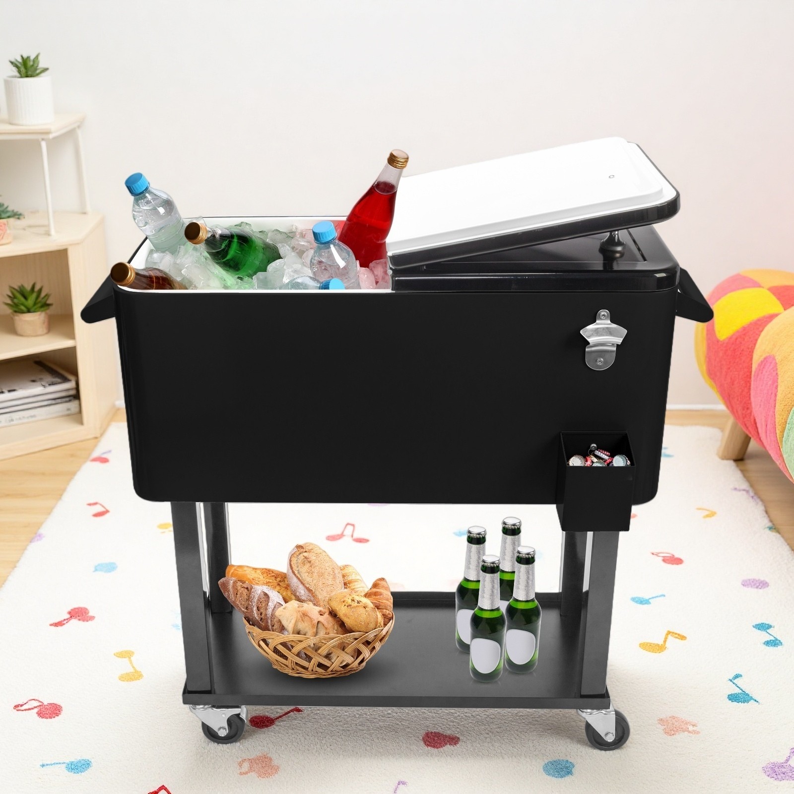 80QT Insulated Rolling Cooler Cart - Drain Plug, Bottom Shelf & Black Top