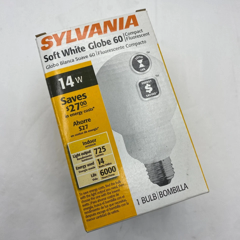 SYLVANIA 29195 SOFT WHITE GLOBE 60 LIGHT LAMP BULB 14W CF14EL/G/830/MED 120V - Image 3 of 4