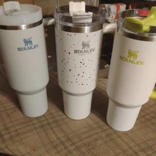 Lot Of 3 Stanley Quencher 40oz Stainless Tumblers, white, confetti, grey/blue 