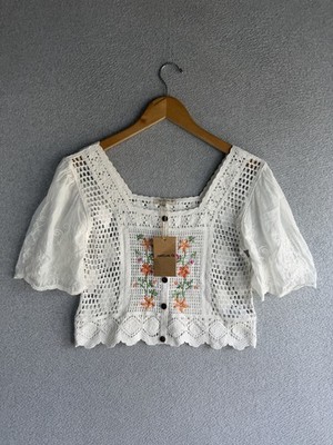 Natura Top Womens Extra Small White Floral Crochet Boho Cottagecore NWT