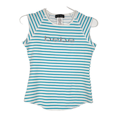 Y2K bbsp Bebe Sport Baby Tee Womens Size M White Blue Striped Glitter Spellout