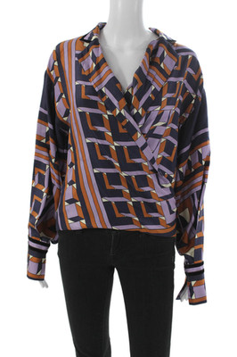 Amanda Wakeley Womens Geometric Multicolor Collared Blouse Long Sleeve Size S