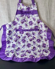 Purple Rose Floral Apron Kitchen Pocket BBQ Baking Crafting Gardening New