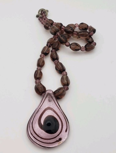 VTG Murano-Style Art Glass Lampwork Pendant Necklace Glass Beads Purple Pink