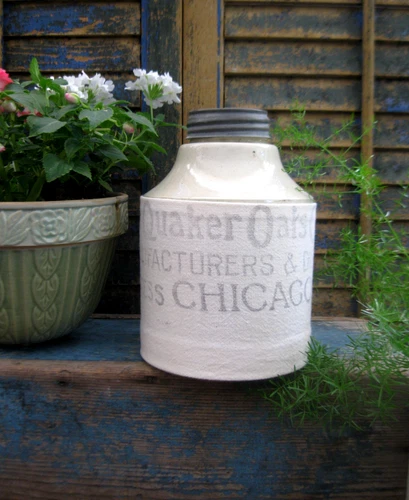 Antique Stoneware Crock Macomb Pottery Ill. 1899 Quaker Oats Feed Sack Sleeve