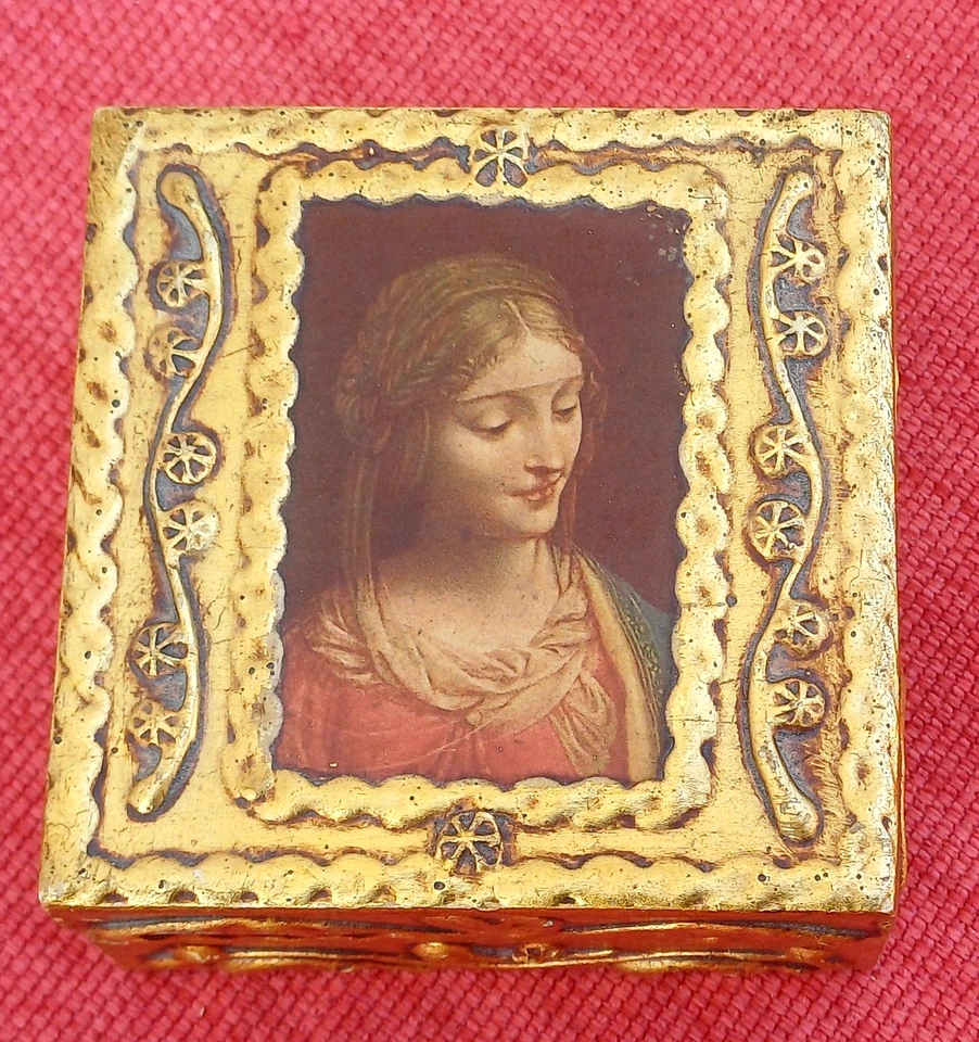 Ancienne Petite Boîte en bois doré sculpté Madonne B. Luini Italie - Photo 4/4