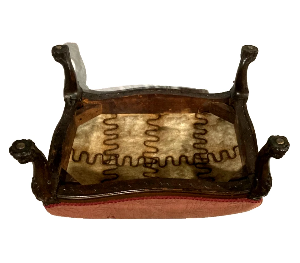 Antiguo reposapiés de banco tapizado de madera maciza otomano con patas de garra de colección - ¡Raro! Foto 4 de 4