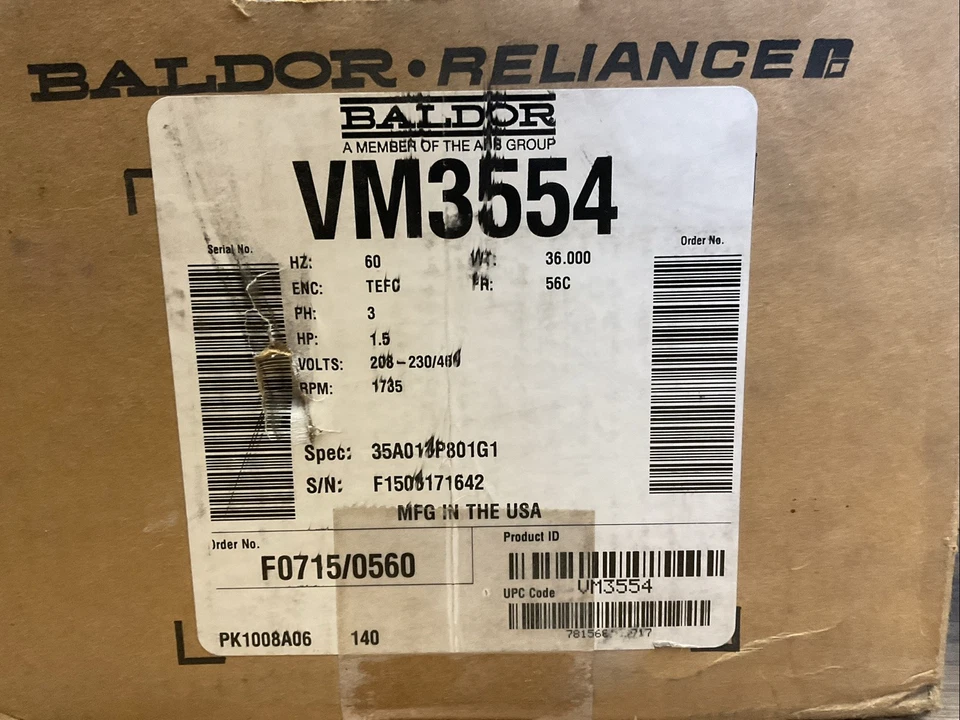BALDOR RELIANCE VM3554 MOTOR 1735RPM 208-230/460V 1.5HP 3PH 60HZ - Image 2 of 4