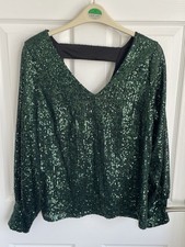 Ladies Green Mix F&F Long Sleeve Sequin Sparkle V Neck Party Top Size 8
