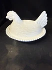Vintage Large Indiana Glass Milk White Hen on Nest Beaded Rim Candy Dish 7" Mint
