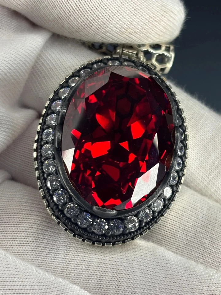 Handmade Sterling Silver Ruby Pendant Necklace: Moissanite Halo, Vintage Style - Image 3 of 4