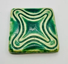 Pewabic Detroit Pottery Tile Green Squared Design No Year Marked