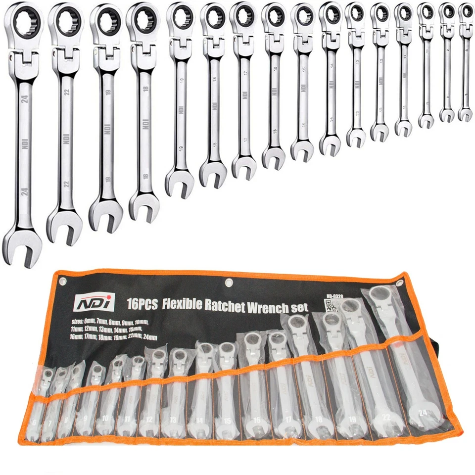 16 PCS NDI 2022 Flexi Head Ratchet Spanner Set 6MM-24MM  Metric ND-0328