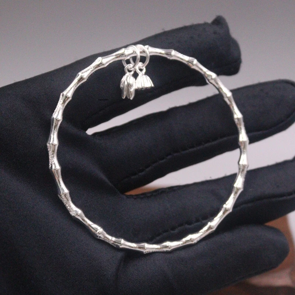 Brazalete de plata fina pura 999 para mujer Lucky brillante mate bambú pulsera de loto Foto 3 de 4