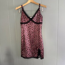 Garage Mini Slip Dress Lace Trim Satin Rose Print Black Pink Sz M 90s Y2K Style