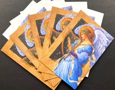 SET OF 5 Hallmark Angel in Blue Playing Harp Large Christmas Cards Gorgeous Lot
