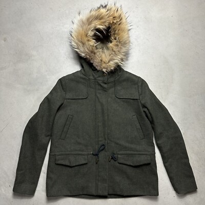 Wool Zip Raccoon Fur Hood Parka Womens Size 0 Green / Brown BA SH Jacket