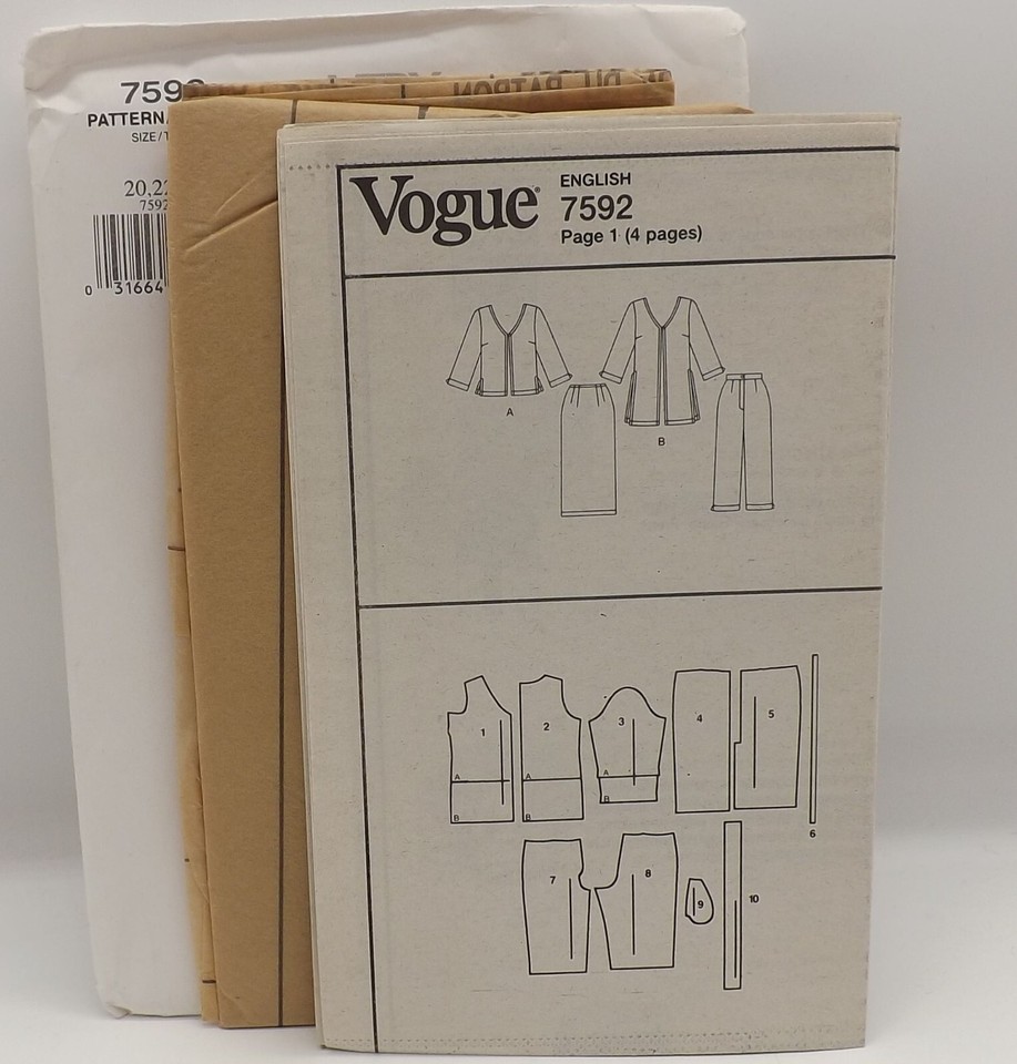 Vogue 7592 Ladies Duster Jacket Pants Skirt Sewing Pattern size 20 22