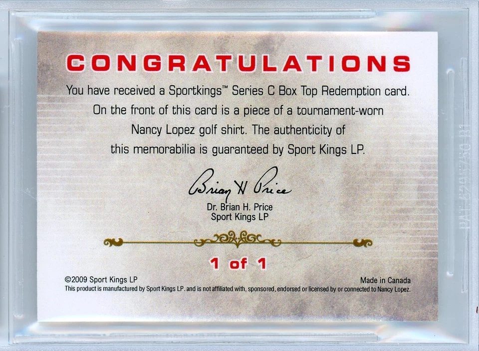 2009 SPORTKINGS BOX TOPPER - 1/1 TOURNAMENT-WORN NANCY LOPEZ RELIC! - BGS 9.5 - Image 2 of 2