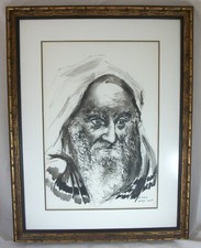 JOCELYNE AMIEL Portrait of a Jewish Rabbi in Tallit, Prayer Shawl, India Ink