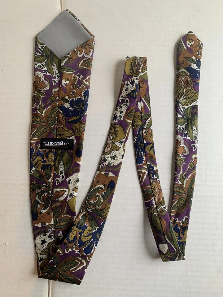 J T Beckett Hombre Cuello Vintage Púrpura Marrón Verde Multi Floral Naturaleza 100% Seda Foto 3 de 4