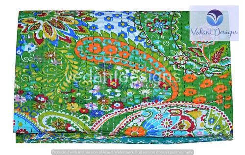 Indian Embroidery Kantha Quilt Bedspread Paisley Print Throw Cotton Green - Picture 5 of 5