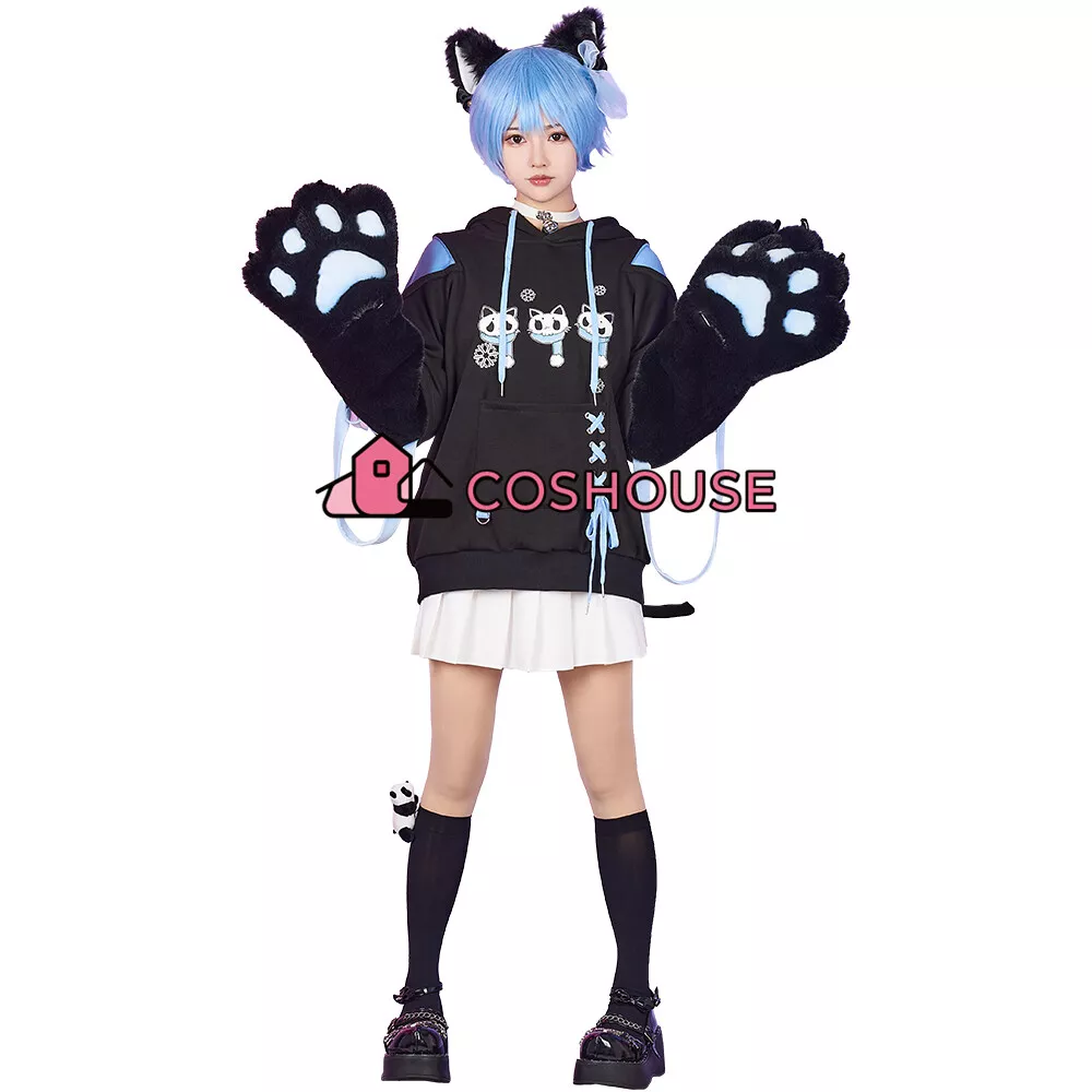 Portrait of mid body of cuttest gothic cat furry girl with blue