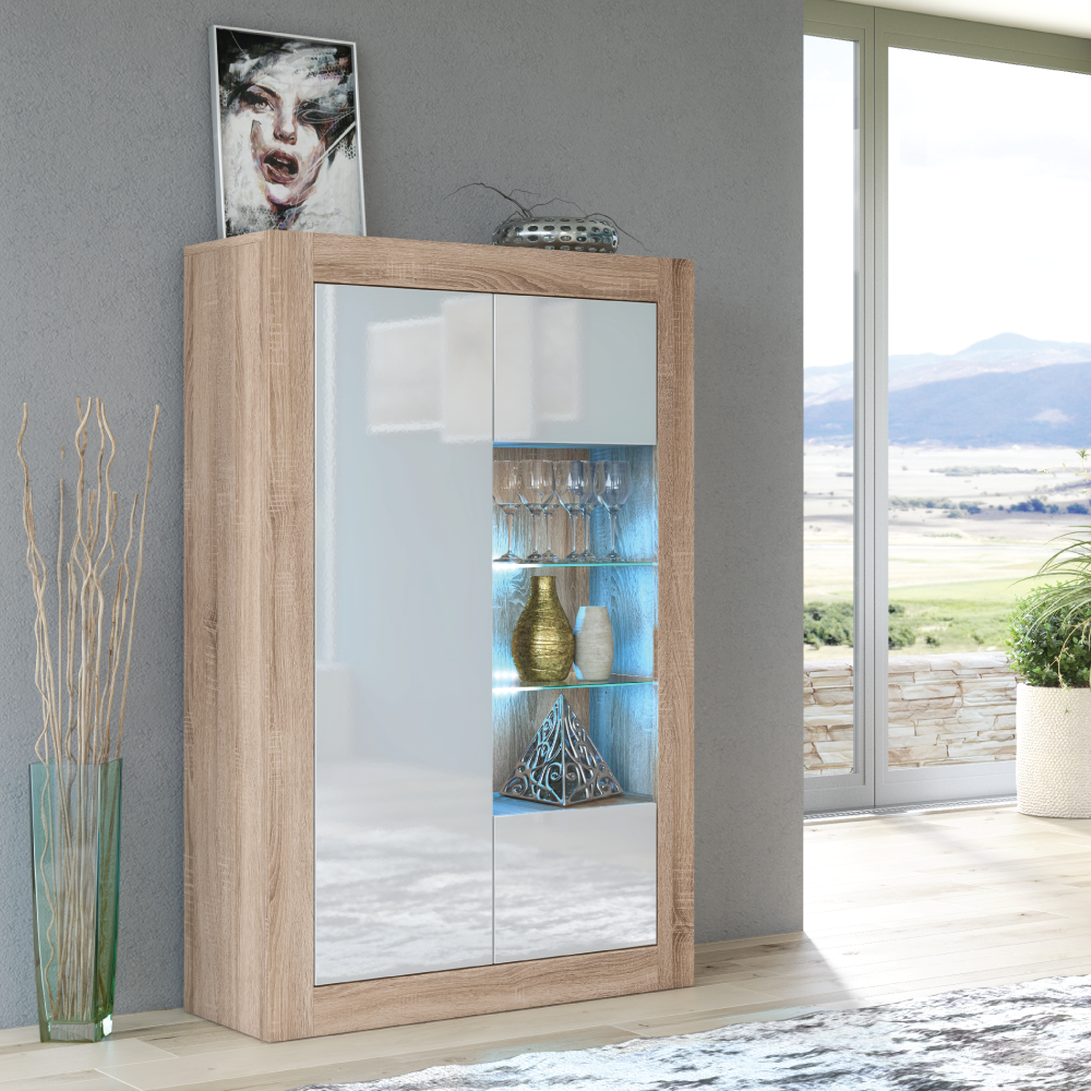 Display Cabinet 140cm | Sideboard | Oak| White Gloss Doors | Free LED |⭐⭐⭐⭐⭐