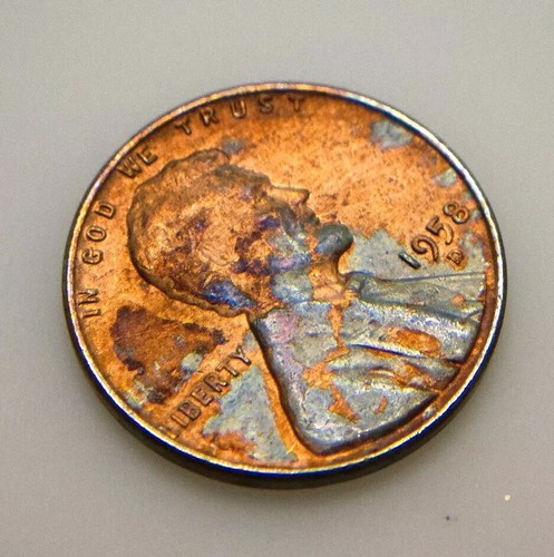 1958 D Lincoln Wheat Penny: Rainbow Toning, Missing Dot in Motto, (& Rim Error?) - Picture 2 of 8