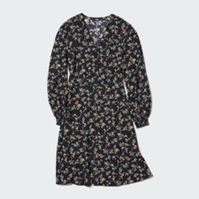 Uniqlo Printed V-Neck Long-Sleeve Flare Mini Dress Sz XS ~ RETAIL $49.90