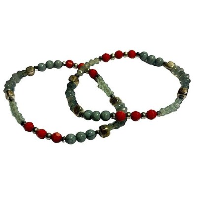 Set of Two Bead Bracelets Silver, Gray, Red and Clear Beads  display picture 1