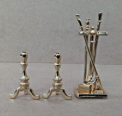 Dollhouse Miniature Classics Bright Gold Fireplace Tools Set w Andirons  1:12