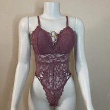 Mauve pink mesh removable pads ring lace teddy bodysuit