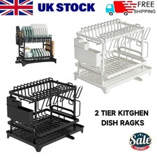 2 Tier Dish Drainer Rack Cutlery Holder Plate Rack Kitchen Sink with Drip Tray .