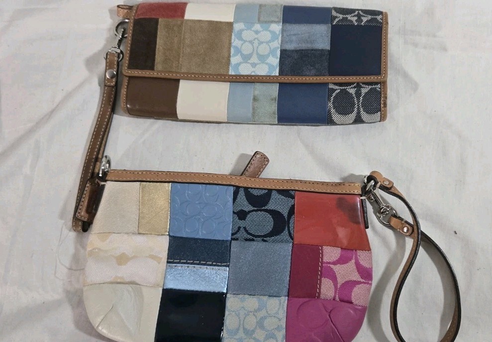 Coach Signature Patchwork Leather Suede Wristlet Wallet Blue Multi Tan Lot 