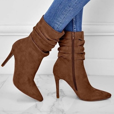 Damen Pumps Spitze Stiefeletten Stilettoabsatz Reißverschluss High Heels Schuhe