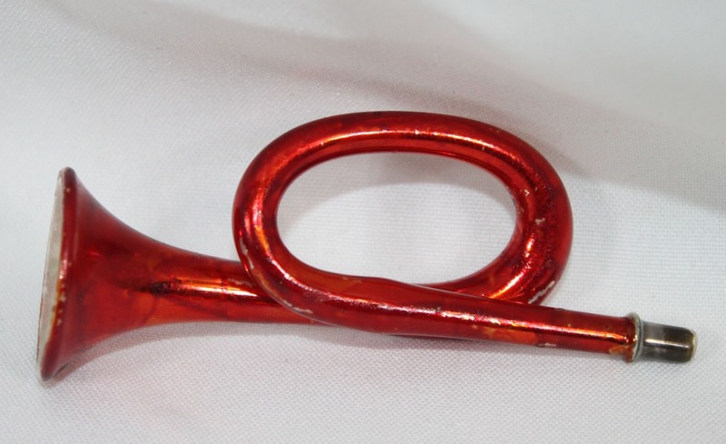 Vtg Mercury Glass Christmas Ornament Horn Red Estate Holiday Old 3.75" Trumpet