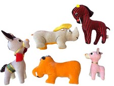 5 Vintage 1960s Stuffed animals toy collection hippo, rhino donkey zebra & deer 