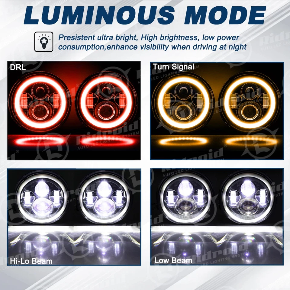 7" Motorcycle LED Hi/Lo Headlight Red Halo For Kawasaki 440 454 550 750 1000 LTD - Image 4 of 4