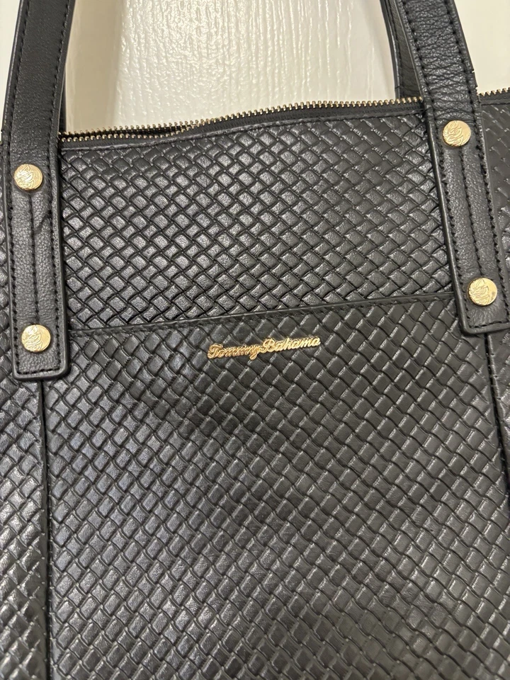 Tommy Bahama Negro Top Cremallera Bolso de Hombro Cuero Trabajo Profesional Ir a Foto 3 de 4