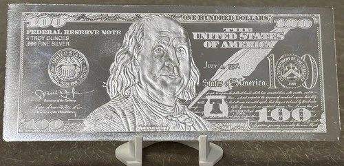4 Troy Ounces .999 Fine Silver Bar US $100 Bill Series 2015 w/Independence Hall