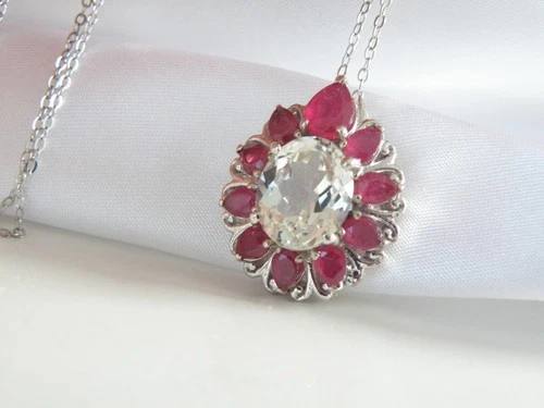 Vintage Sterling Silver 925 Goshenite Ruby Slide Pendant Necklace