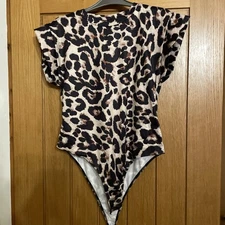Stretch Leopard Print Short Sleeve Bodysuit Size L Uk 10-12