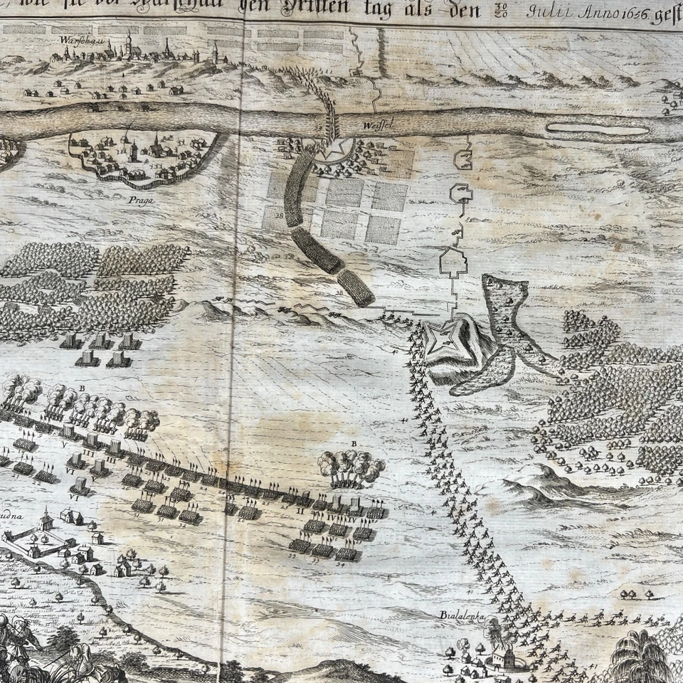 Auténtico mapa plano Batalla de Varsovia grabado en placa de cobre por Merian 1656 Foto 4 de 4