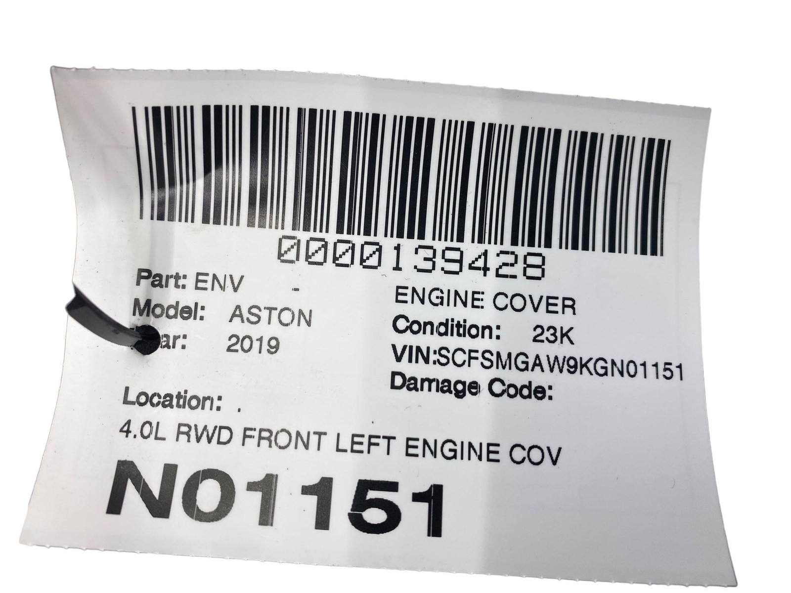 2019 ASTON MARTIN VANTAGE COUPE OEM 4.0L RWD FRONT LEFT ENGINE COVER PANEL TRIM