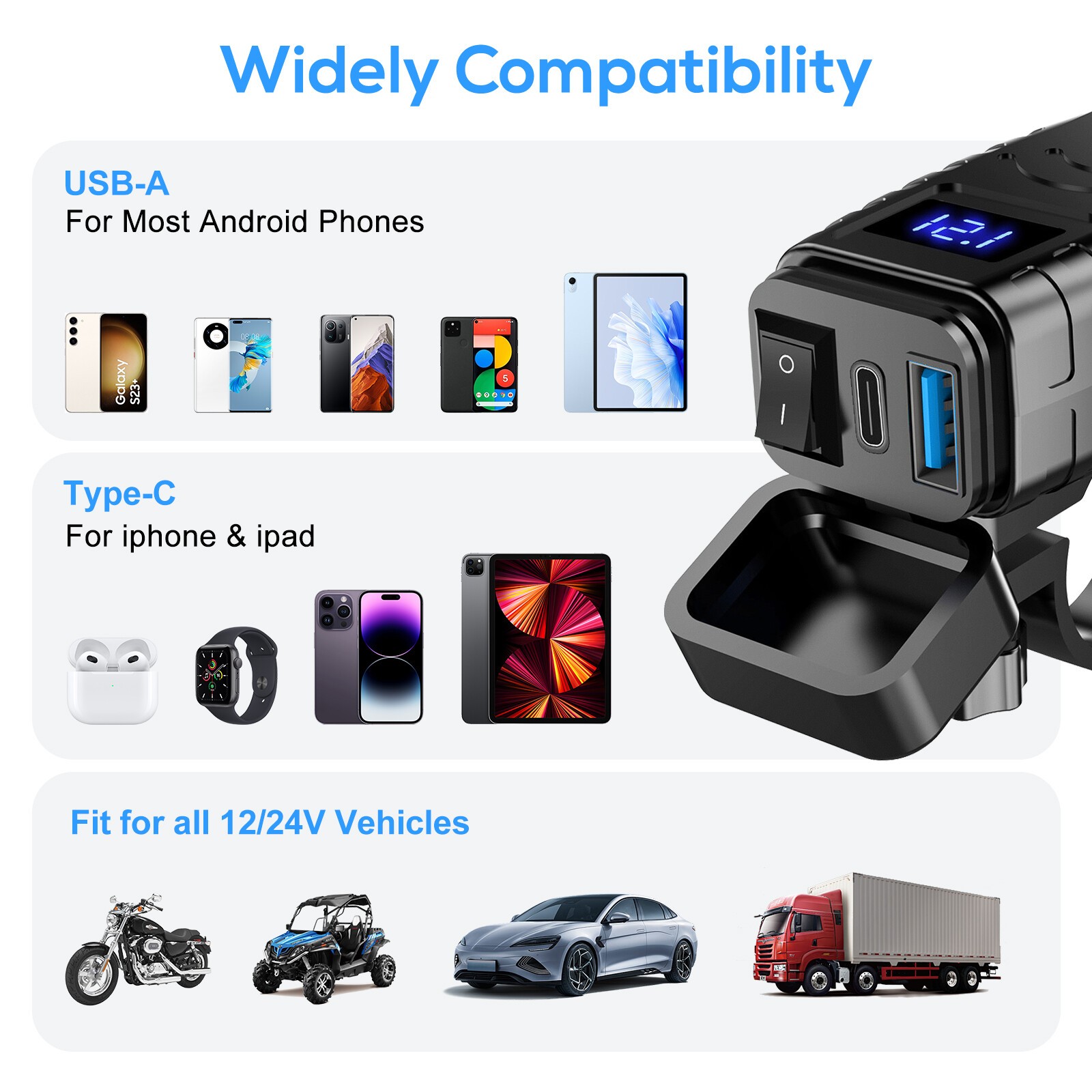 QC 3.0 Motorcycle Dual USB Phone GPS Super Fast Charger Adapter LED Waterproof