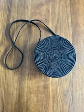 Vintage Round Black Woven Crossbody Purse With Paisley Interior